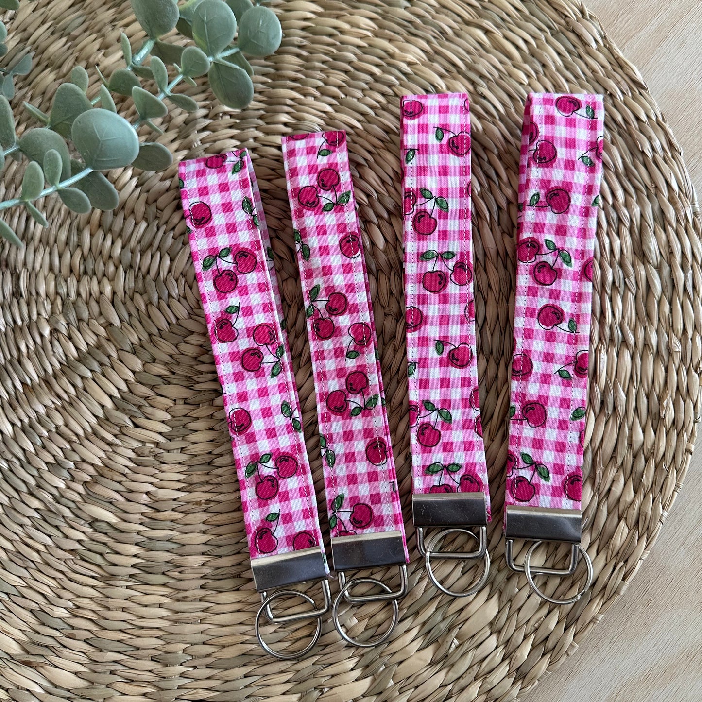 Pink Checkered Cherry Wristlet Keychain