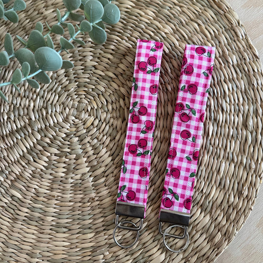 Pink Checkered Cherry Wristlet Keychain