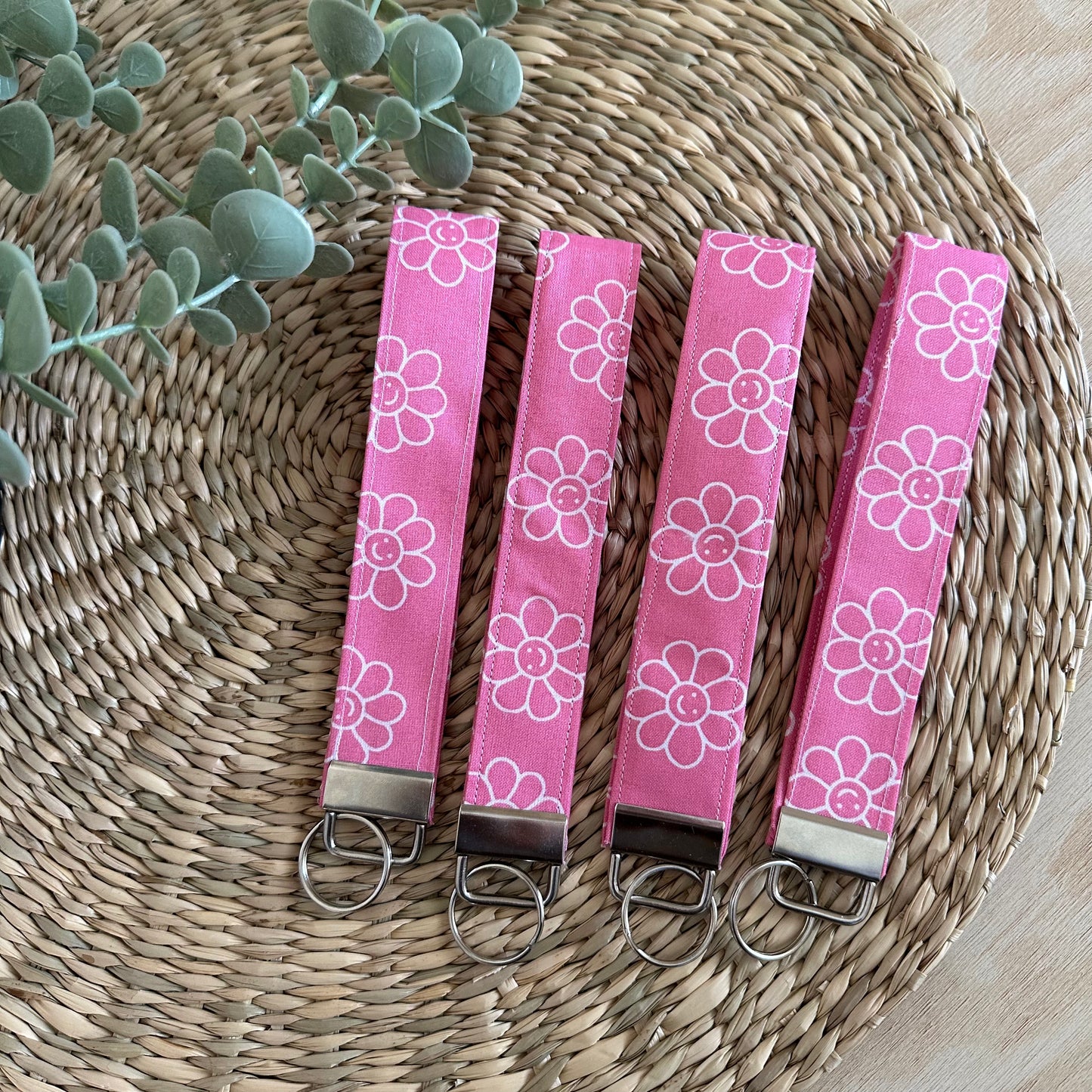 Pink Smile Flowers Wristlet Keychain