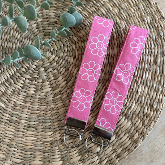 Pink Smile Flowers Wristlet Keychain