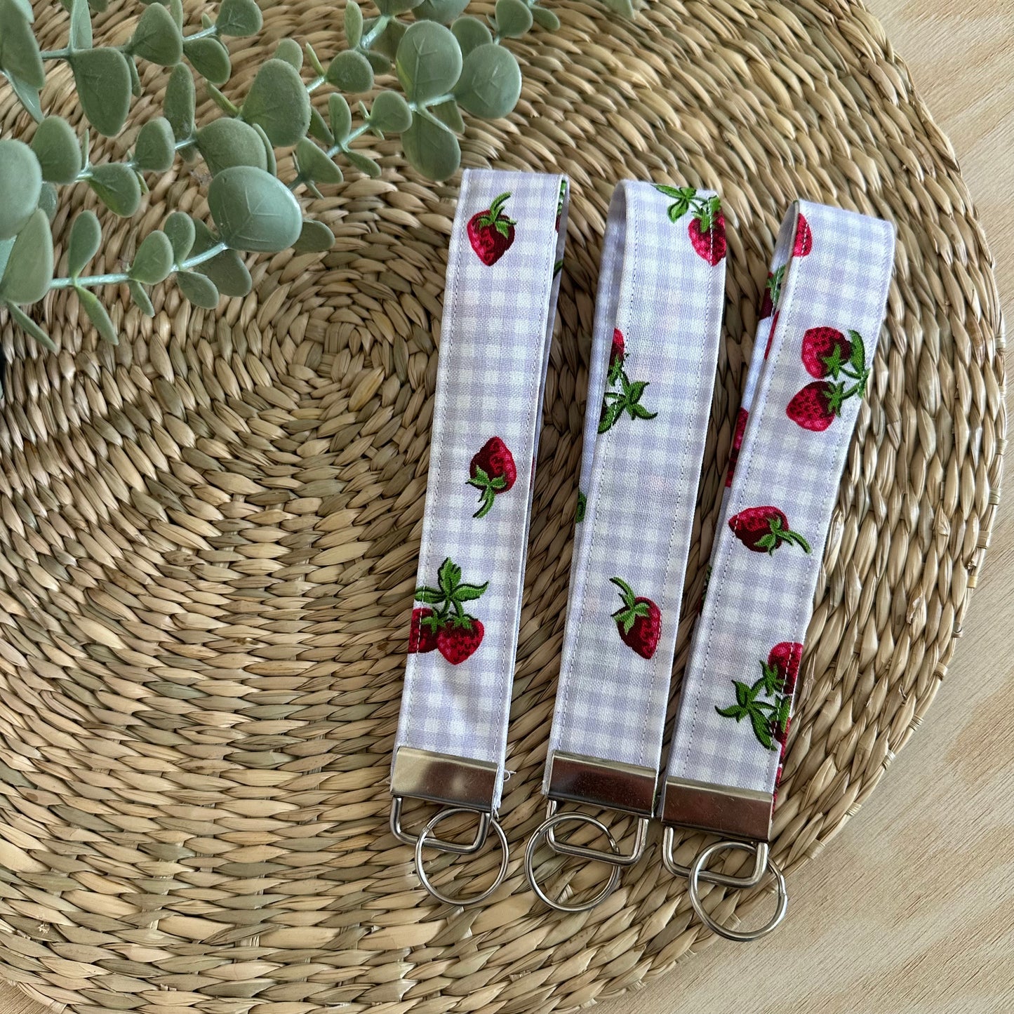 Blue Checkered Strawberries Wristlet Keychain