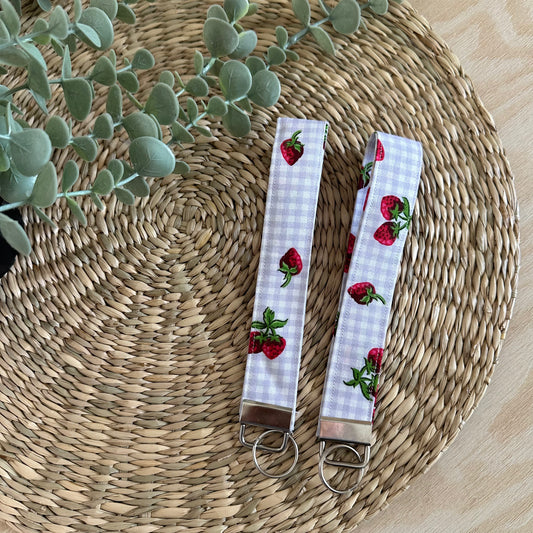Blue Checkered Strawberries Wristlet Keychain