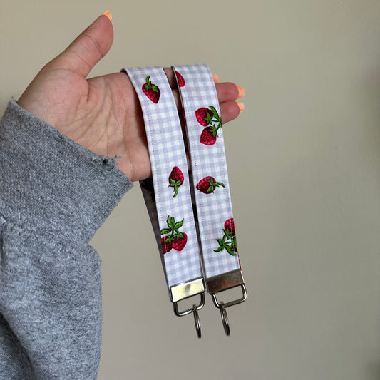 Blue Checkered Strawberries Wristlet Keychain